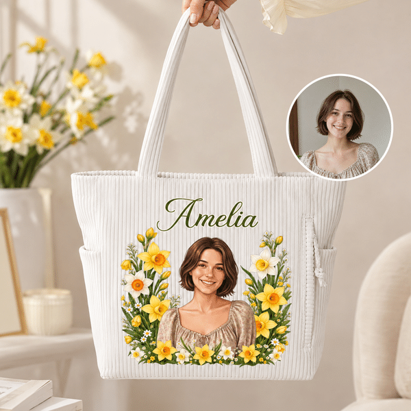 Personalised Birth Flower 3D-Effect Artwork Photo Large Capacity Corduroy Tote Bag with Name Anniversary Birthday Gift for Women Best Friend