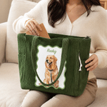 Personalized Watercolor Pet Photo Large Capacity Corduroy Tote Bag with Name Daily Use Travel Birthday Gift for Pet Owner Lover
