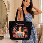 Personalised Birth Flower 3D-Effect Artwork Photo Large Capacity Corduroy Tote Bag with Name Anniversary Birthday Gift for Women Best Friend