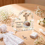 Personalised Kid Baptism Photo Cross God Bless Flower Heart-Shaped Acrylic Plaque with Name and Date Home Decor Baptism Catholic Gift for Newborn