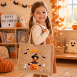 Personlig tygväska i jute med 3D-effekt och motiv av vampyr- och häxkaraktärer, med namn – Halloween-fest, ”Trick or Treat”-present för pojkar och flickor