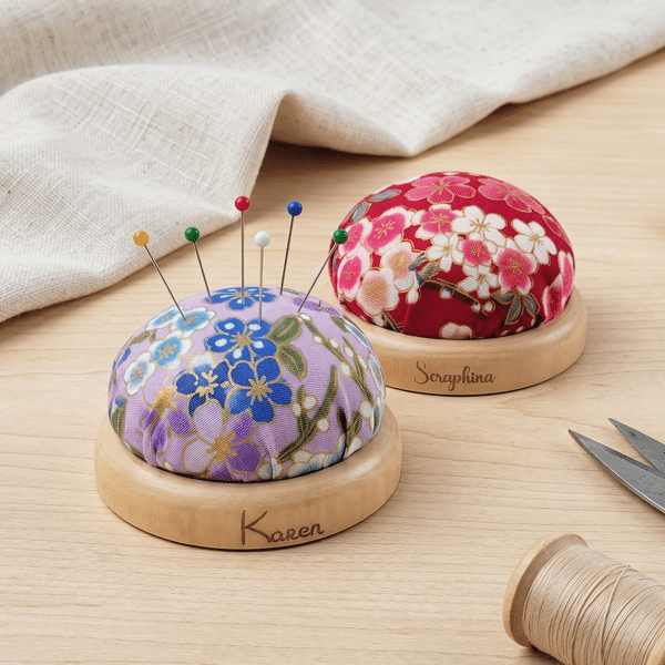 Personalised Colourful Vintage Floral Pincushion with Name and Wooden Base Sewing Craft Birthday Gift for Tailor Crafter
