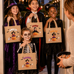 Personlig tygväska i jute med 3D-effekt och motiv av vampyr- och häxkaraktärer, med namn – Halloween-fest, ”Trick or Treat”-present för pojkar och flickor