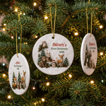 Decorazione natalizia in ceramica per l'albero di Natale con animali del bosco, realizzata con grafica personalizzata ad effetto 3D, con nome e anno: primo regalo di Natale per i neo-genitori