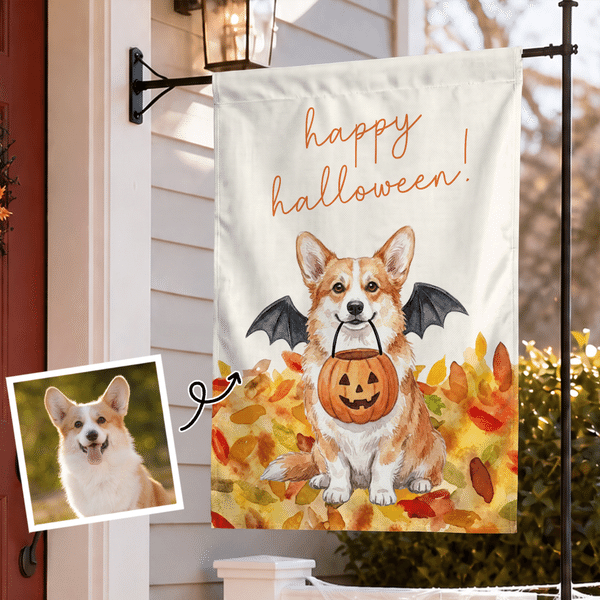 Personalized Happy Halloween Cartoon Pet Garden Flag with Photo Garden Decor Halloween Party Gift for Pet Lovers Pet Owners