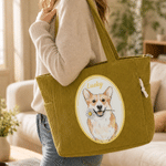 Personalized Watercolor Pet Photo Large Capacity Corduroy Tote Bag with Name Daily Use Travel Birthday Gift for Pet Owner Lover