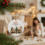 Decorazione natalizia in ceramica per l'albero di Natale con animali del bosco, realizzata con grafica personalizzata ad effetto 3D, con nome e anno: primo regalo di Natale per i neo-genitori