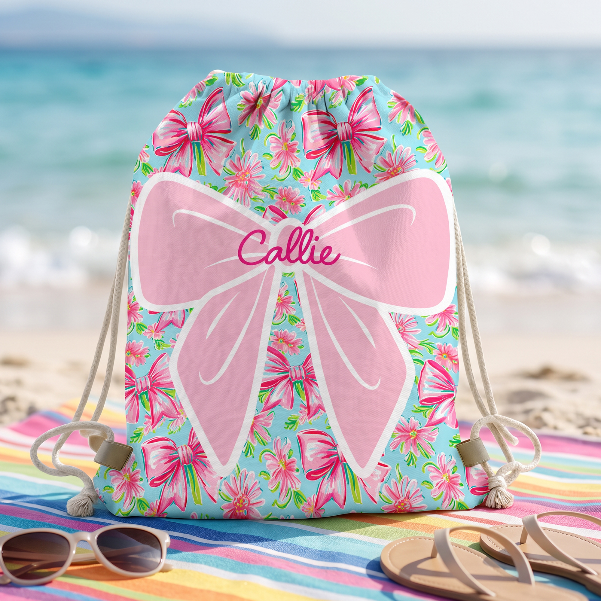 Personalisierter „Coquette“-Beutel mit Schleife und Blumenmuster aus Mikrofaser, mit Kordelzug und Namenszug – ideal für Reisen, den Strand, als Geburtstags- oder Sommerurlaubsgeschenk für Kinder und