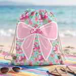 Personalized Coquette Bow Floral Microfiber Drawstring Bag with Name Travel Beach Use Birthday Summer Vacation Gift for Kids Family