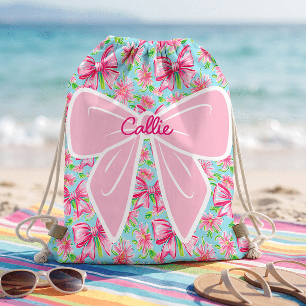 Personalized Coquette Bow Floral Microfiber Drawstring Bag with Name Travel Beach Use Birthday Summer Vacation Gift for Kids Family