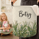 Panier à linge personnalisé de grande capacité, style matelassé, avec fleur de naissance, prénom et poignées – Décoration pour chambre d'enfant – Cadeau d'anniversaire pour enfants