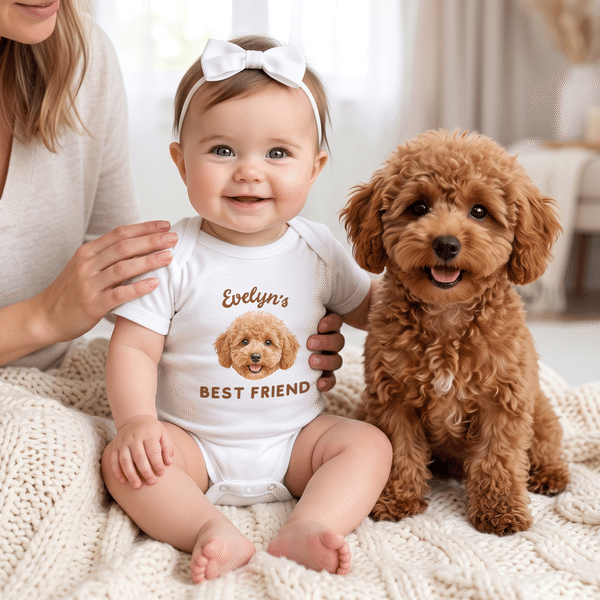 Body per neonati in cotone 100% con foto personalizzata del proprio animale domestico realizzata ad acquerello, con nome e testo: regalo per la festa del bebè e per i neogenitori amanti degli animali
