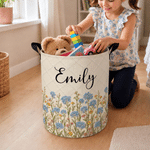 Panier à linge personnalisé de grande capacité, style matelassé, avec fleur de naissance, prénom et poignées – Décoration pour chambre d'enfant – Cadeau d'anniversaire pour enfants