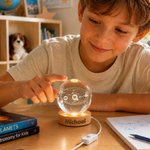 Personalisiertes LED-Nachtlicht in Form einer runden Kristallkugel mit vierblättrigem Kleeblatt und Herzmotiv, mit Namen und Holzsockel – Wohnaccessoire und Geburtstagsgeschenk für Kinder, Freunde und