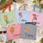 Personalisierte Vintage-Tragetasche mit Geburtsblume, Farbblöcken und Streifenmuster sowie Namenszug – für den täglichen Gebrauch, auf Reisen und als Geburtstagsgeschenk für Frauen und Freundinnen