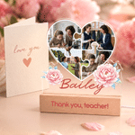 Veilleuse LED en acrylique personnalisée en forme de cœur fleuri avec collage de 4 photos, nom et socle – Cadeau d'anniversaire ou de Noël pour maman, enseignante ou nounou