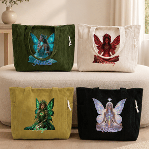 Borsa tote classica in velluto a coste con disegno personalizzato di fata e pietra natale, con nome; ideale per l'uso quotidiano e come regalo di compleanno per le amiche