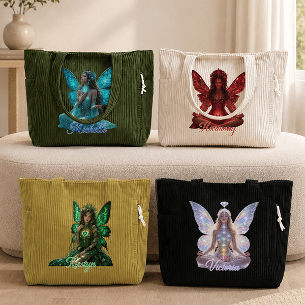Personalised Birthstone Fairy Design Classic Corduroy Tote Bag with Name Daily Use Shopping Birthday Gift for Women Friends