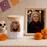 Personalised Sugar Skull Marigold Photo Memorial Candle Holder with Name Year and LED Candle Day of the Dead Gift for Loss of Loved Ones