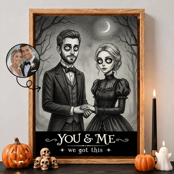 Personalised Gothic Style Cartoon Photo Character Canvas Prints with Text Home Decor Halloween Anniversary Gift for Couple Pet Lover