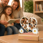 Veilleuse LED en acrylique personnalisée en forme de cœur fleuri avec collage de 4 photos, nom et socle – Cadeau d'anniversaire ou de Noël pour maman, enseignante ou nounou