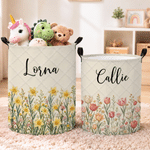 Panier à linge personnalisé de grande capacité, style matelassé, avec fleur de naissance, prénom et poignées – Décoration pour chambre d'enfant – Cadeau d'anniversaire pour enfants