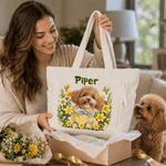 Personalised Cute Pet Photo Birth Flower Large Capacity Corduroy Tote Bag with  Name Birthday Anniversary Gift for Pet Owners