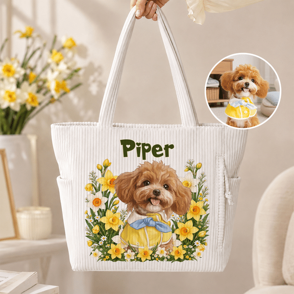 Personalised Cute Pet Photo Birth Flower Large Capacity Corduroy Tote Bag with  Name Birthday Anniversary Gift for Pet Owners