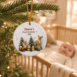 Decorazione natalizia in ceramica per l'albero di Natale con animali del bosco, realizzata con grafica personalizzata ad effetto 3D, con nome e anno: primo regalo di Natale per i neo-genitori