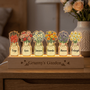 Lampada da notte LED personalizzata con fiori di nascita da 1 a 6, nome e base in legno – Decorazione per camera da letto, regalo di compleanno per la nonna e la mamma