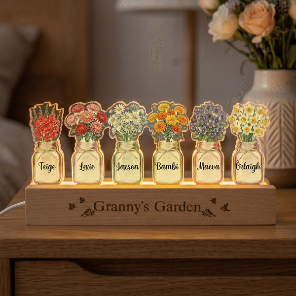 Personalized 1-6 Birth Flowers LED Night Light with Name and Wooden Base Bedroom Decor Birthday Gift for Grandma Mom