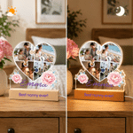 Veilleuse LED en acrylique personnalisée en forme de cœur fleuri avec collage de 4 photos, nom et socle – Cadeau d'anniversaire ou de Noël pour maman, enseignante ou nounou