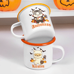 Personalised Halloween Cute Cartoon Bear 12 oz Enamel Mug with Name and Trick or Treat Halloween Party Gift for Kids Boys Girls