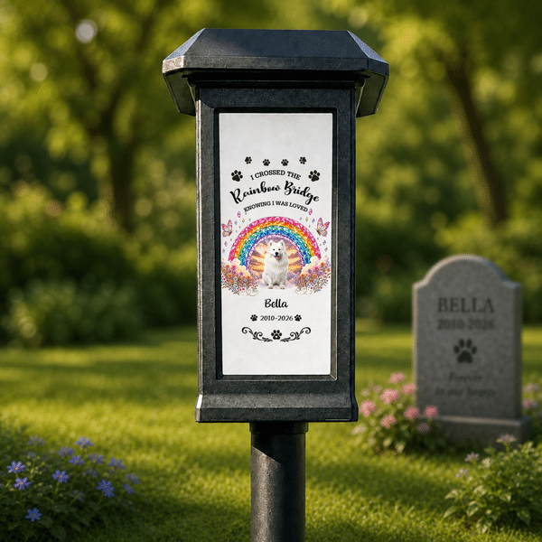 Personalised Rainbow Bridge Pet Photo Solar Garden Light with Name Text and Date Garden Decor Memorial Sympathy Gift for Pet Owner