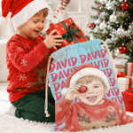 Borsa regalo personalizzata con cordoncino, con foto su tela in stile acquerello e nome, regalo per la festa della vigilia di Natale per bambini