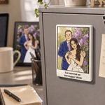 Iman de cerámica para la nevera con retrato personalizado de un personaje de dibujos animados a juego con la temática de la boda, con texto; regalo de aniversario de boda para los novios