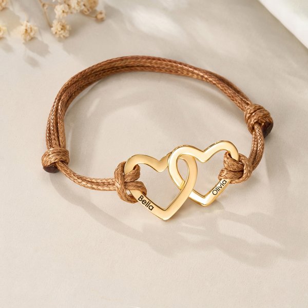 Personalised Double Hearts Adjustable PU Leather Bracelet with 1-4 Names Anniversary Birthday Gift for Her