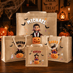 Personlig tygväska i jute med 3D-effekt och motiv av vampyr- och häxkaraktärer, med namn – Halloween-fest, ”Trick or Treat”-present för pojkar och flickor