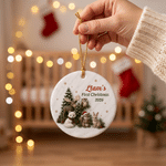 Decorazione natalizia in ceramica per l'albero di Natale con animali del bosco, realizzata con grafica personalizzata ad effetto 3D, con nome e anno: primo regalo di Natale per i neo-genitori