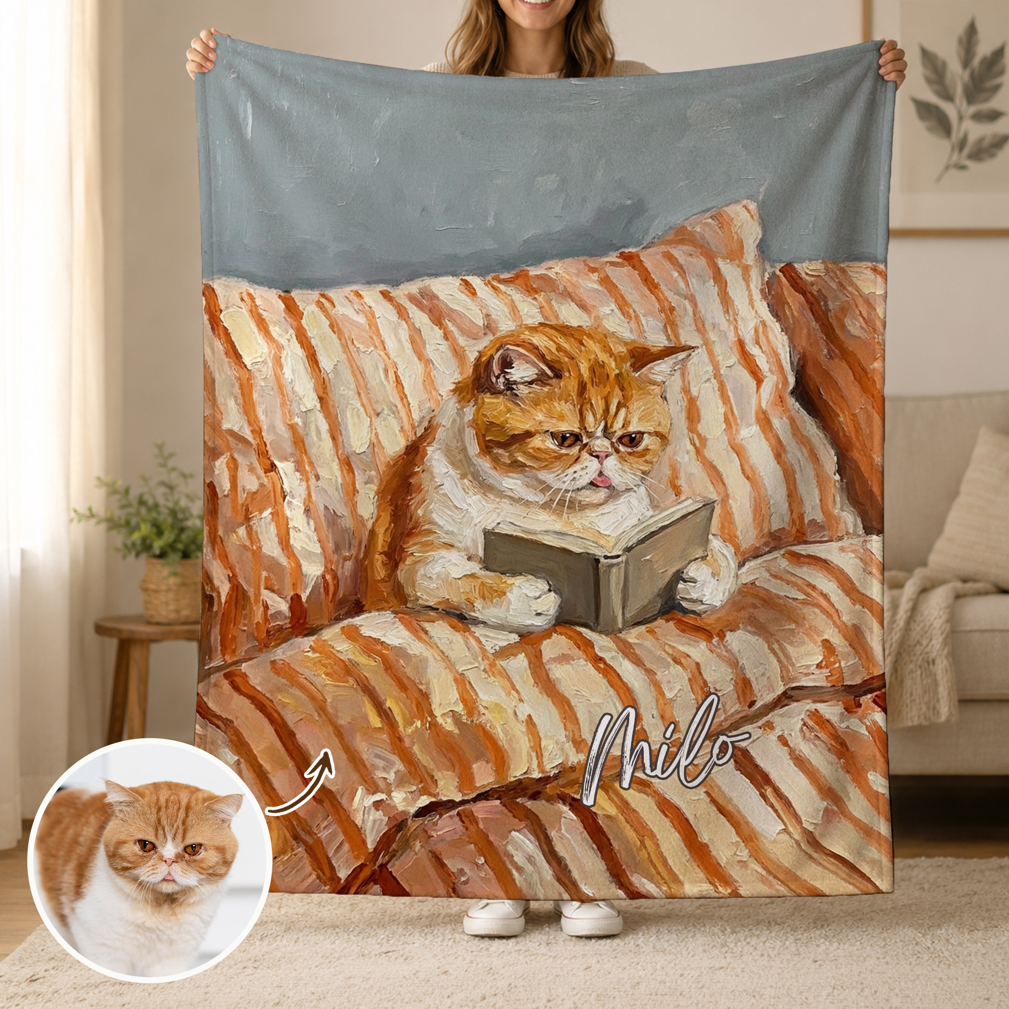 Individuell gestaltete, weiche Decke im Ölgemälde-Stil mit Haustierfoto und Namen – Wohnaccessoire und Geburtstagsgeschenk für Haustierliebhaber