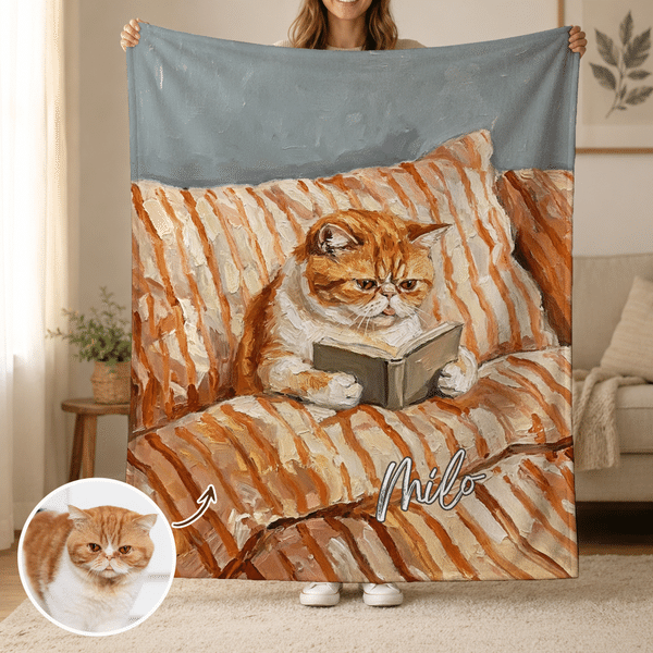 Couverture douillette personnalisée avec photo d'animal de compagnie dans un style peinture à l'huile, avec prénom – Décoration d'intérieur et cadeau d'anniversaire pour les amoureux des animaux