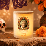 Personalised Sugar Skull Marigold Photo Memorial Candle Holder with Name Year and LED Candle Day of the Dead Gift for Loss of Loved Ones