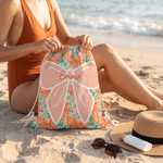 Personalized Coquette Bow Floral Microfiber Drawstring Bag with Name Travel Beach Use Birthday Summer Vacation Gift for Kids Family