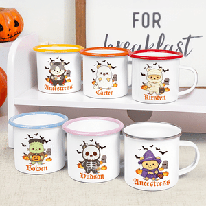 Personalised Halloween Cute Cartoon Bear 12 oz Enamel Mug with Name and Trick or Treat Halloween Party Gift for Kids Boys Girls