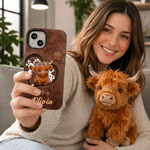 Personalised Cute Baby Highland Cow Heart Pattern Phone Case for iPhone with Name Birthday Gift for Highland Cow Lovers Friends