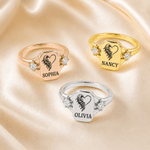 Personalized Heart Angel Wing Sterling Silver Ring with Engraved Name Dainty Jewelry Birthday Anniversary Gift for Mom Grandma