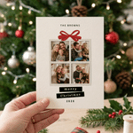Tarjeta de felicitación personalizada con collage de fotos de estilo cinematográfico y temática navideña, con nombre y texto. Regalo de Navidad para familiares y amigos