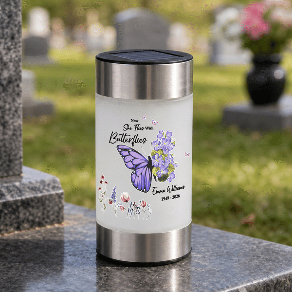 Personalized Half Butterfly Half Birth Flower Solar Garden Light with Text Garden Decor Memory Sympathy Gift for Loss of Relatives