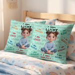 Personalized 3D-Effect Character Artwork I Am Lucky Soft Throw Pillow Cover with Name Home Decor Birthday Anniversary Gift for Family Kids