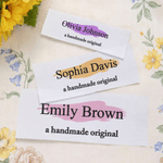 Juego de 15 etiquetas de costura personalizadas, multicolores, 100 % algodón, con texto y nombre. Prendas de vestir. Artículo hecho a mano. Regalo de cumpleaños para los amantes del punto y las manual